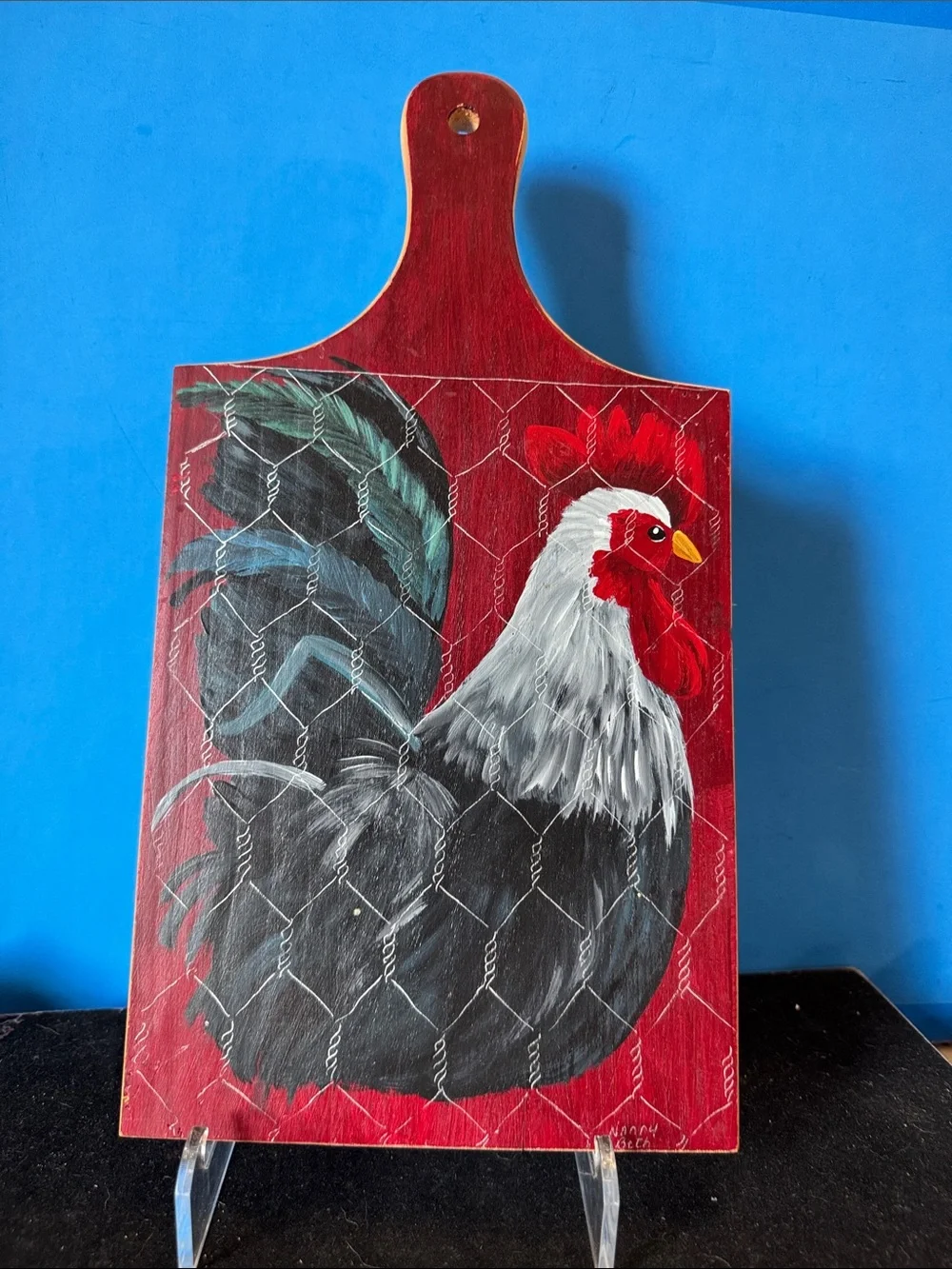 Hand-Painted Rooster cutting board Folk Art- Red, Black, White by Nanny Beth